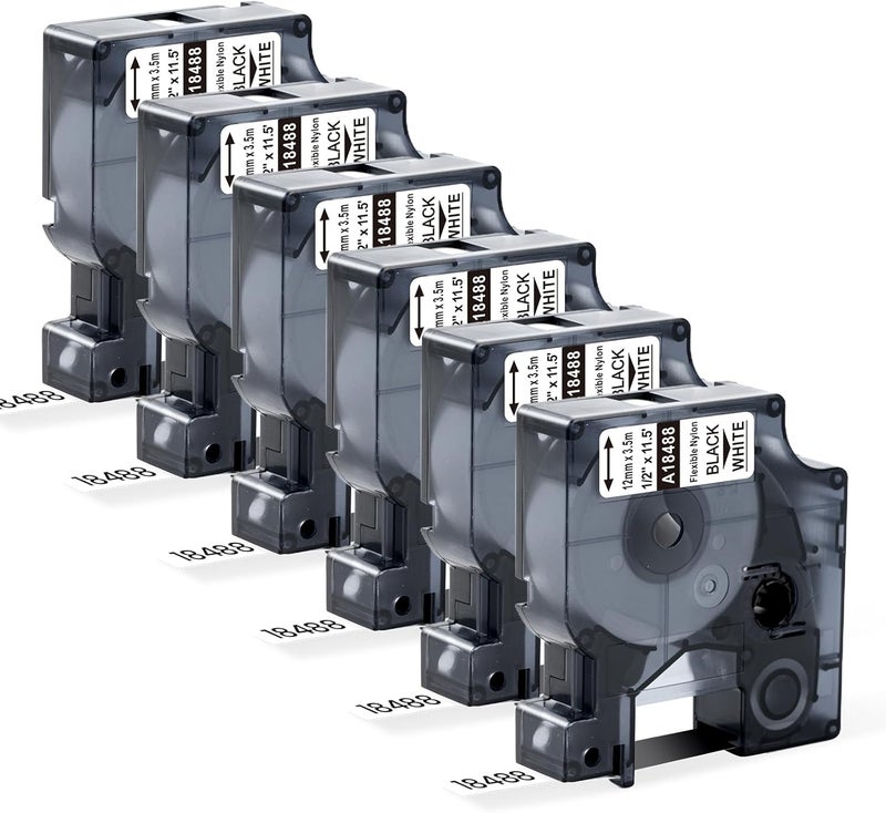 Pillex 6-Pack 18488 Replace for DYMO Rhino Industrial Flexible Nylon Label Tape A18488 Work with DYMO Rhino Pro 4200 5200 5000 6000 3000 Label Maker, 1/2 Inch x 11.5 Feet (12mm x 3.5m), Black on White - Image 1